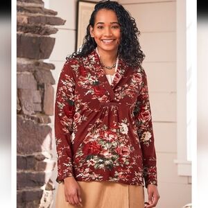 April Cornell Carolina Shawl Collar Floral Long Sleeve Top V-Neck Cottagecore